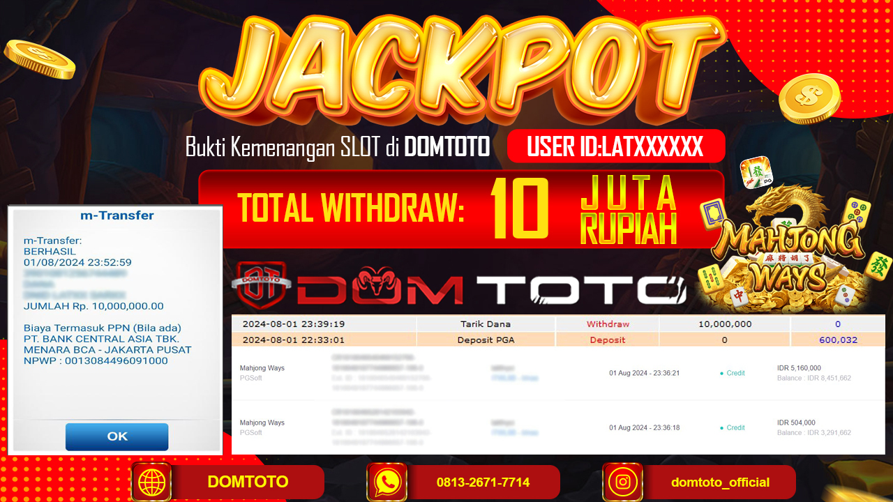 JACKPOT SLOT PG SOFT MAHJONG WAYS  1 AGUSTUS 2024
